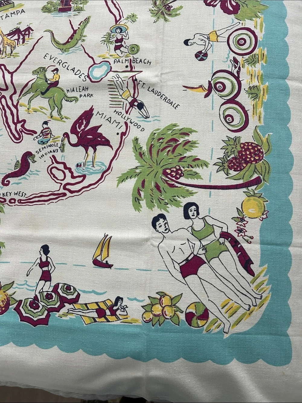 Vintage Florida Souvenir Card table cloth.  Very Florida in aqua, red, green